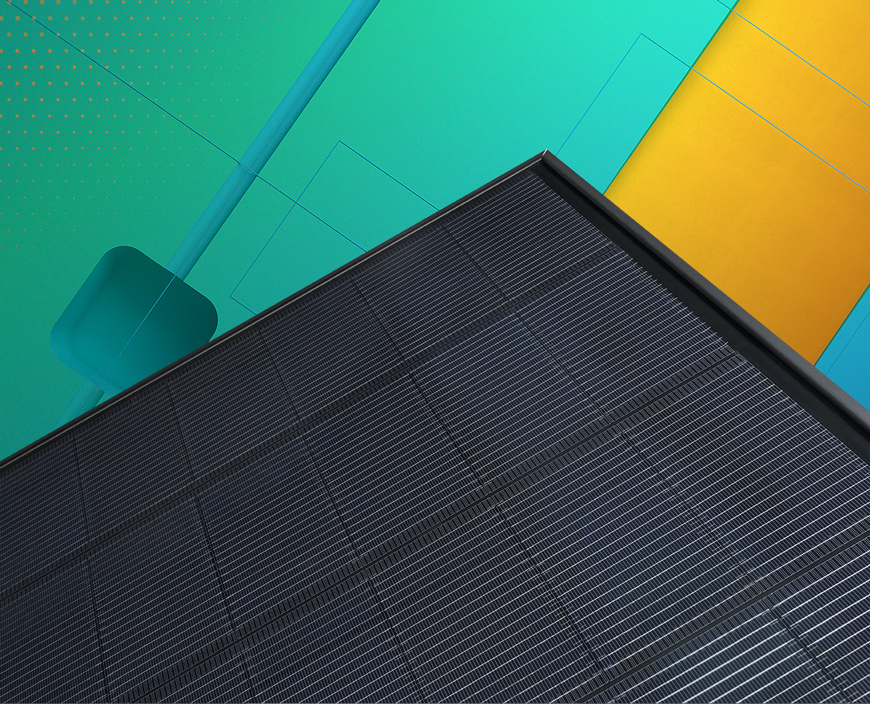 Bottom corner of an REC Alpha Pure R solar panel with an abstract green, blue and yellow graphic background.