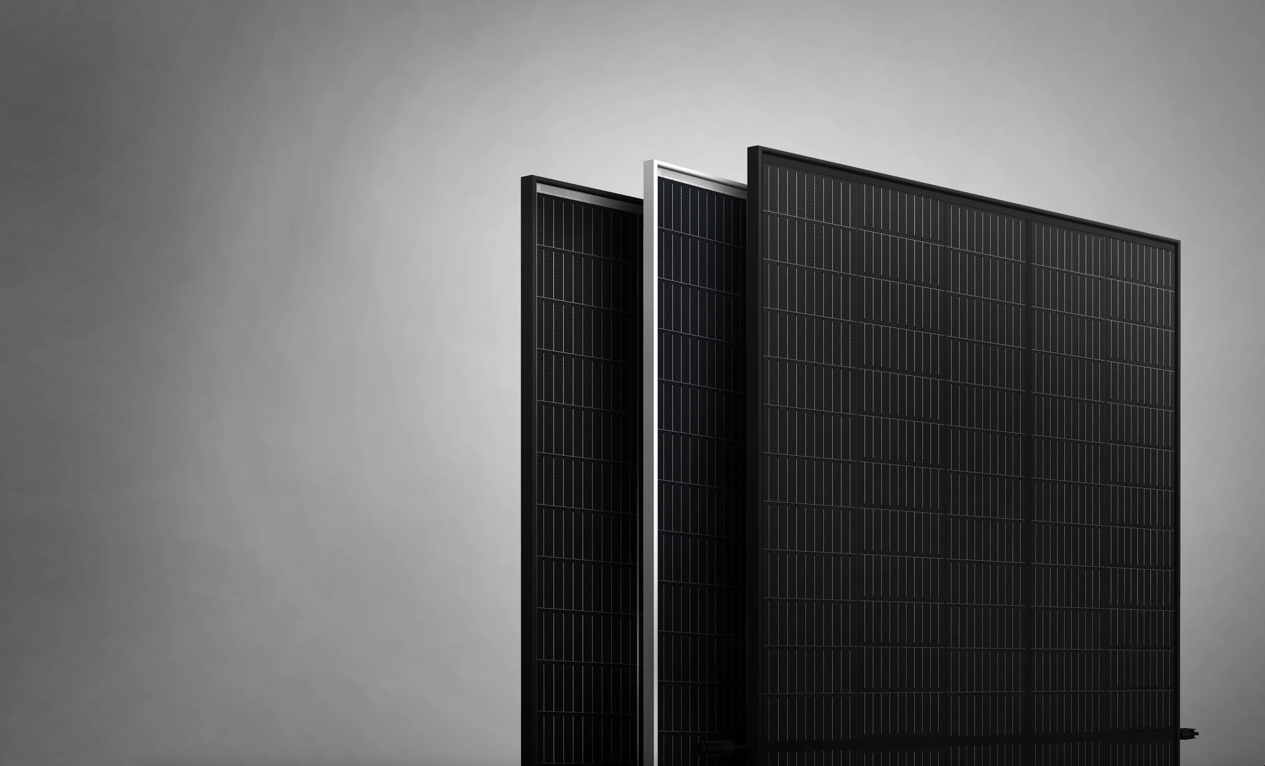 Three Vertex S Trina Solar Panels Standing Aligned on a graphically enhanced blank background
