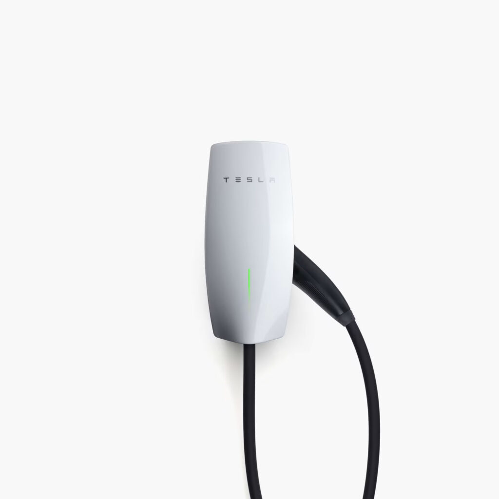Rendered Tesla EV Charger Wall Connector Gen 3 image on a white background with tethered cable
