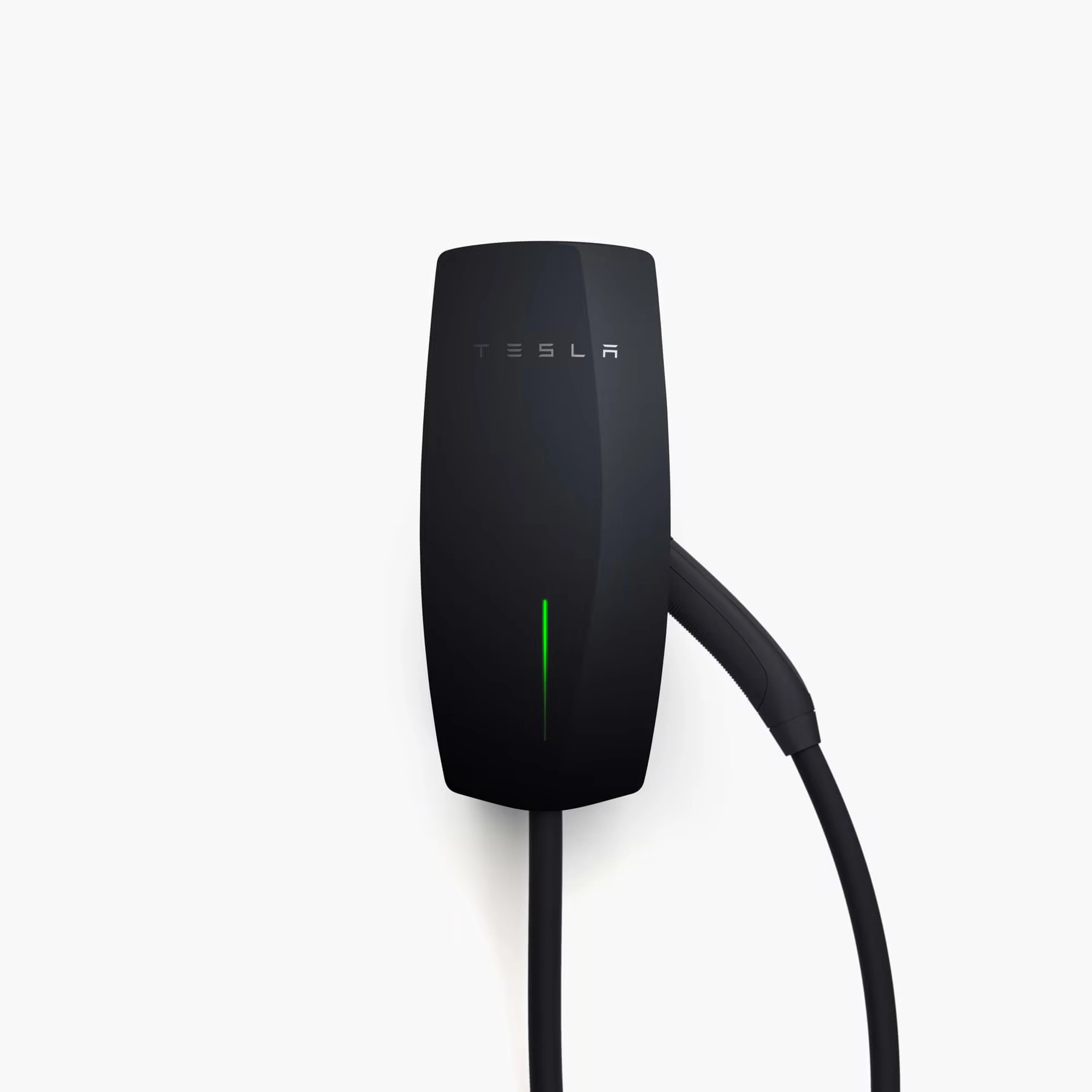 Rendered Tesla EV Charger Wall Connector Gen 3 with black faceplate image on a white background with tethered cable