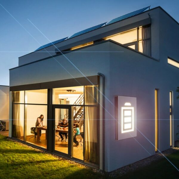 Modern ouse with lights on at suck with a battery graphic icon on the exterierior wall identifying a BYD HVM Premium connected to an SMA solar inverter inside.