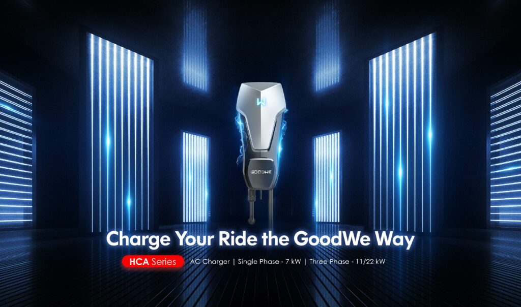 Goodwe HCA EV Charger rendered image front and centre with graphically blue panel enhanced background. Text overlay "Charger Your Ride the Goodwe Way"