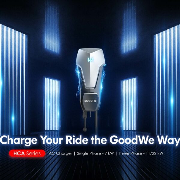 Goodwe HCA EV Charger rendered image front and centre with graphically blue panel enhanced background. Text overlay "Charger Your Ride the Goodwe Way"