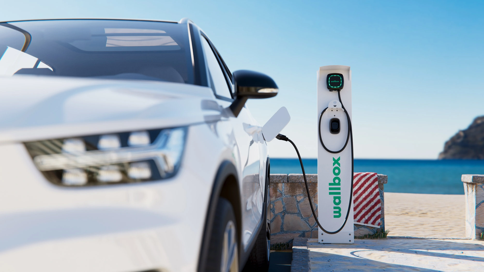 Wallbox Pulsar Semipublic VOLVO XC40 with beach in the background for WA business EV Charger rebate