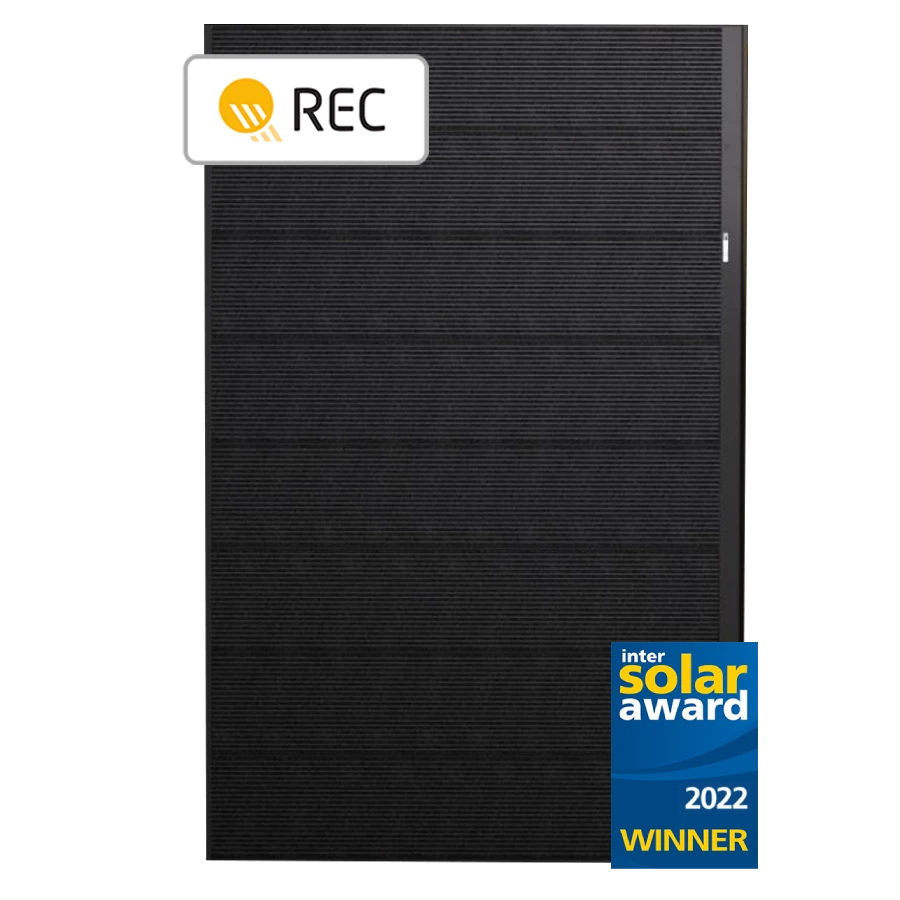 REC Alpha Pure all-black solar panel render with Intersolar Award 2022 badge for solar panels by Perth Solar Warehouse