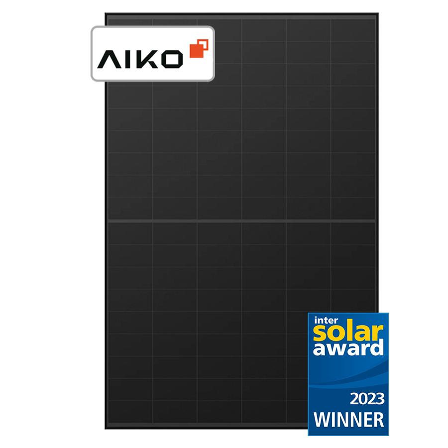 Aiko Neostar 2S all-black solar panel render with Intersolar Award 2023 badge for solar panels by Perth Solar Warehouse
