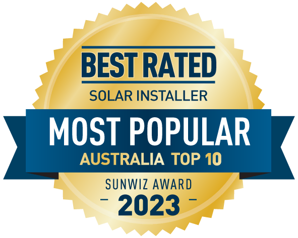 Sunwiz Award badge for Australia Top 10 Solar Company 2023 for Perth Solar Warehouse reviews